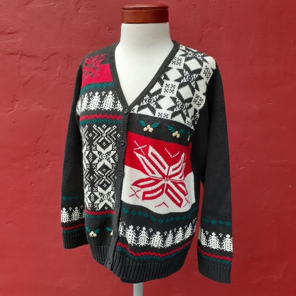 Sweater Vintage Y2K Nordic Fair Isle Snowflake Novelty Christmas Cardigan - Picture 1 of 6